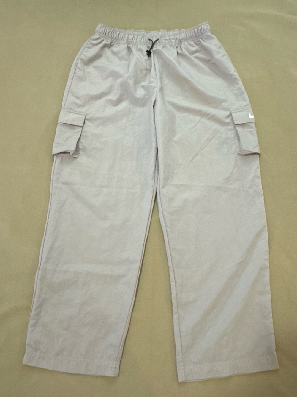 Nike Tan Drawstring Wide Leg Cargo workout pants with light crepe texture
